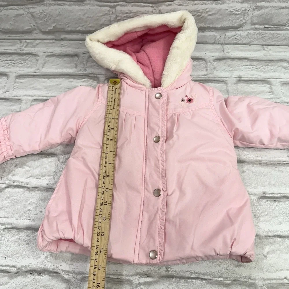 Carters Baby Girls 24M Pink Puffer‎ Jacket Coat  Embroidered Flowers Fur Hood